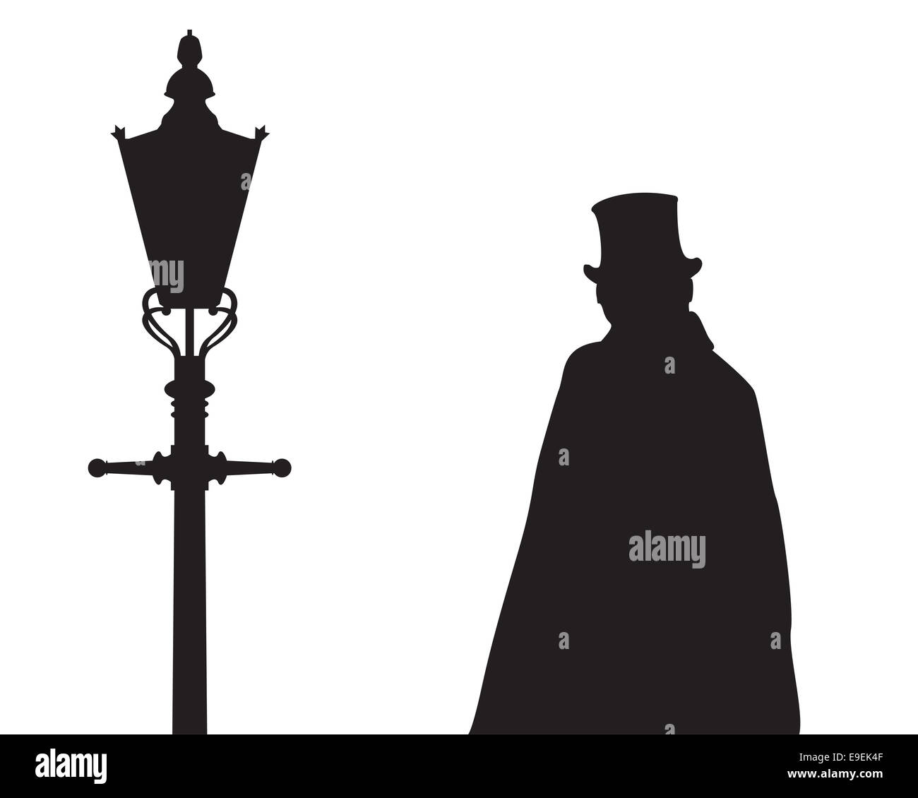 A silhouette of Jack the ripper next to a traditional old street light isolated on a white background Stock Photo