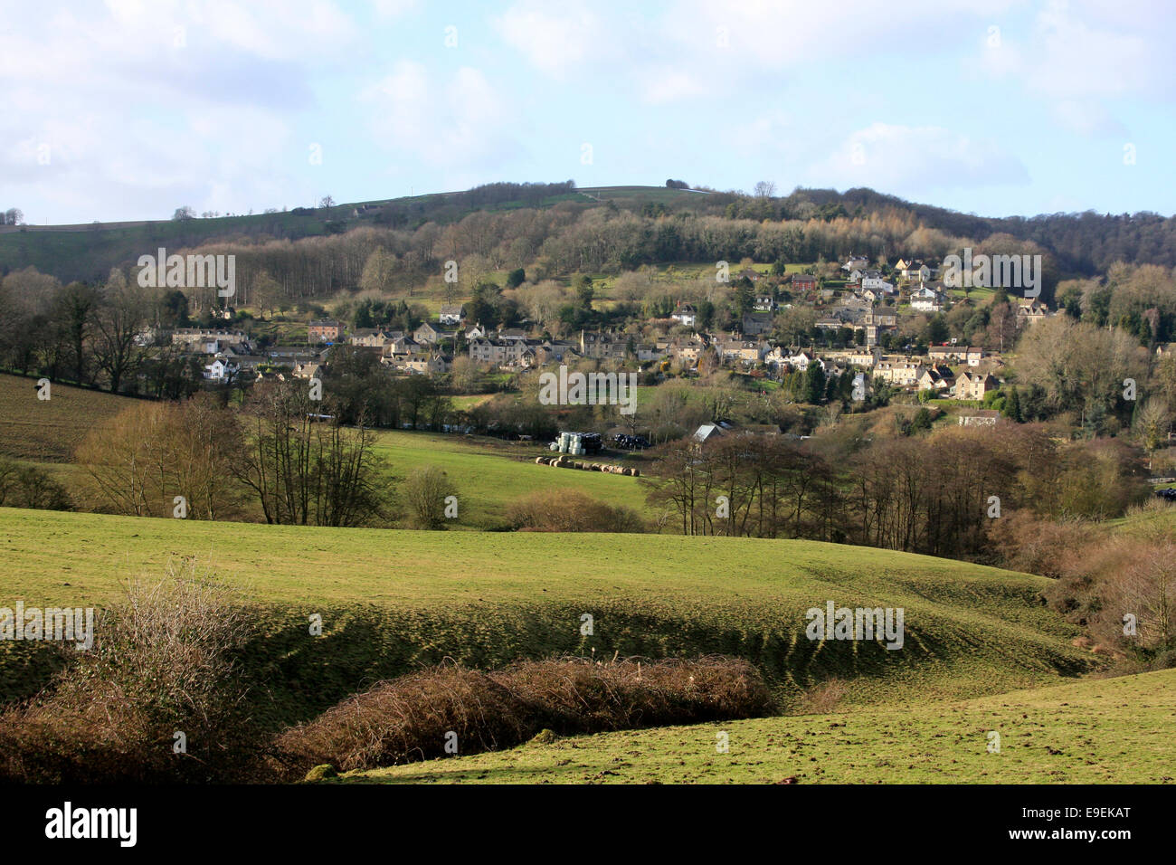 Looking across the A46 (Bath Road) to the villages of North and South Woodchester in the Cotswolds Stock Photo