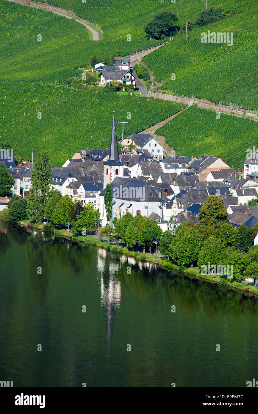 Aerial view Saint Michael's Church Piesport Moselle River Germany Stock Photo