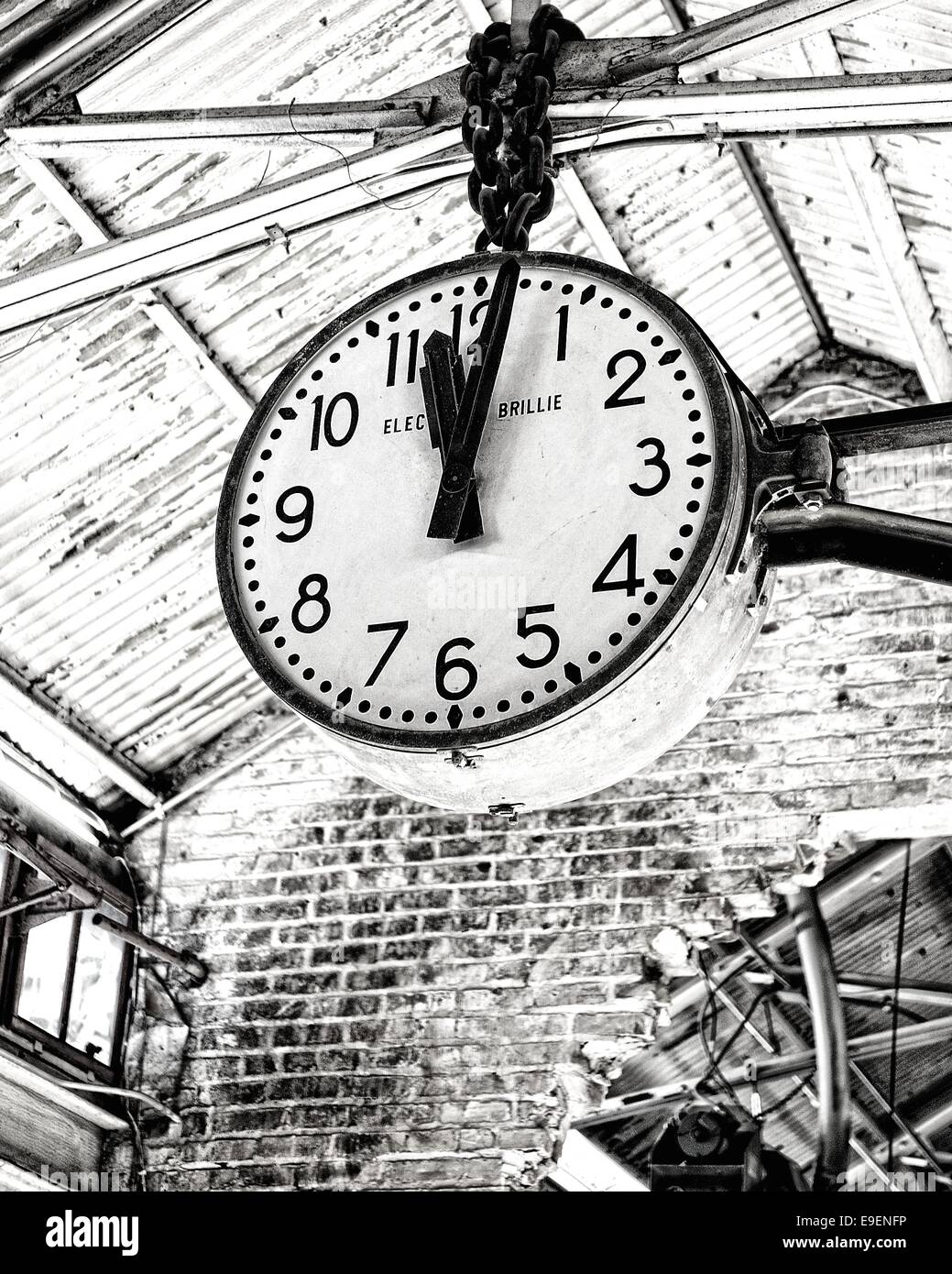 Black and white picture of an old warehouse clock Stock Photo Alamy