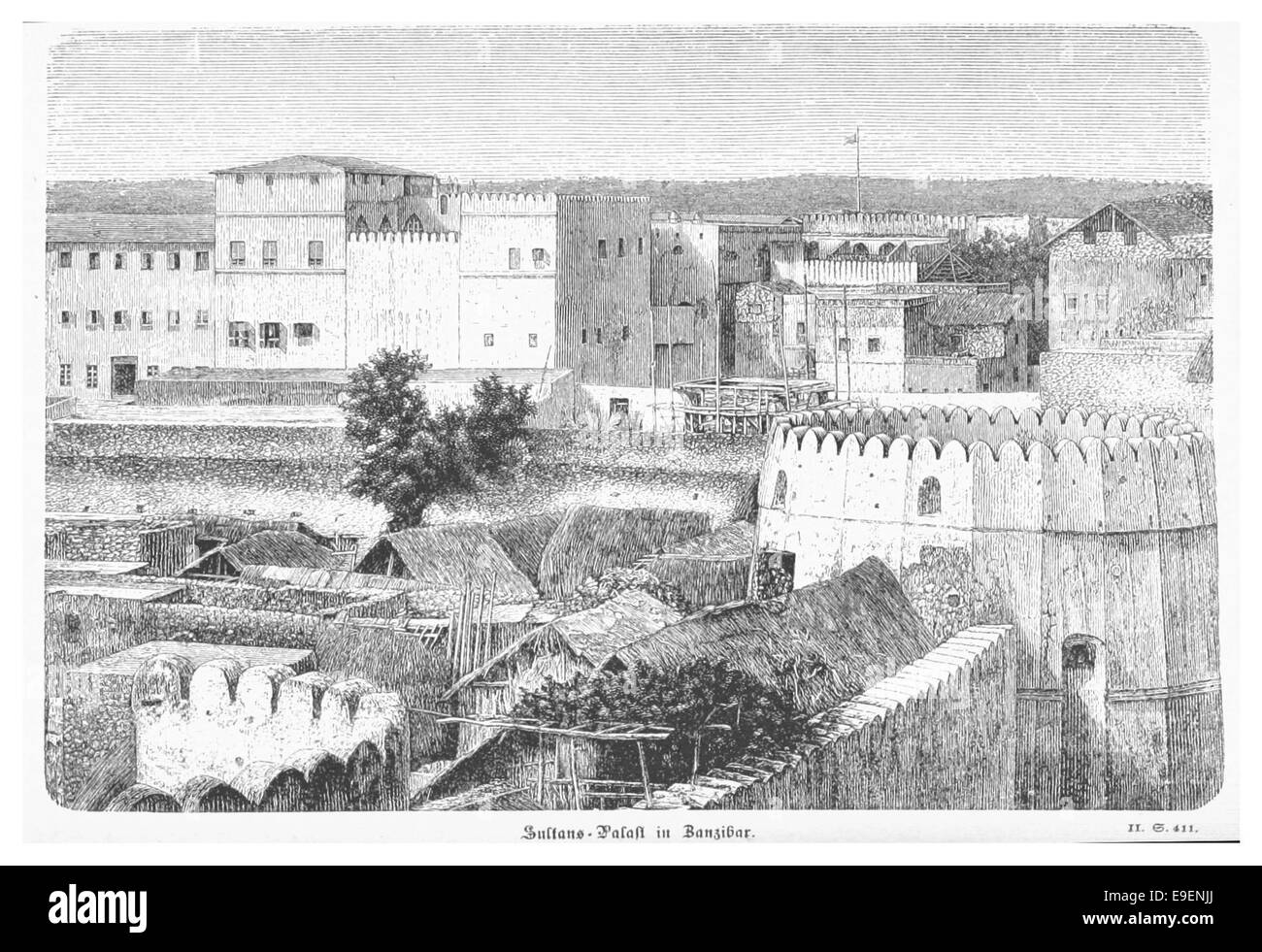 An illustration depicting the Sultan's Palace in Zanzibar, reflecting ...