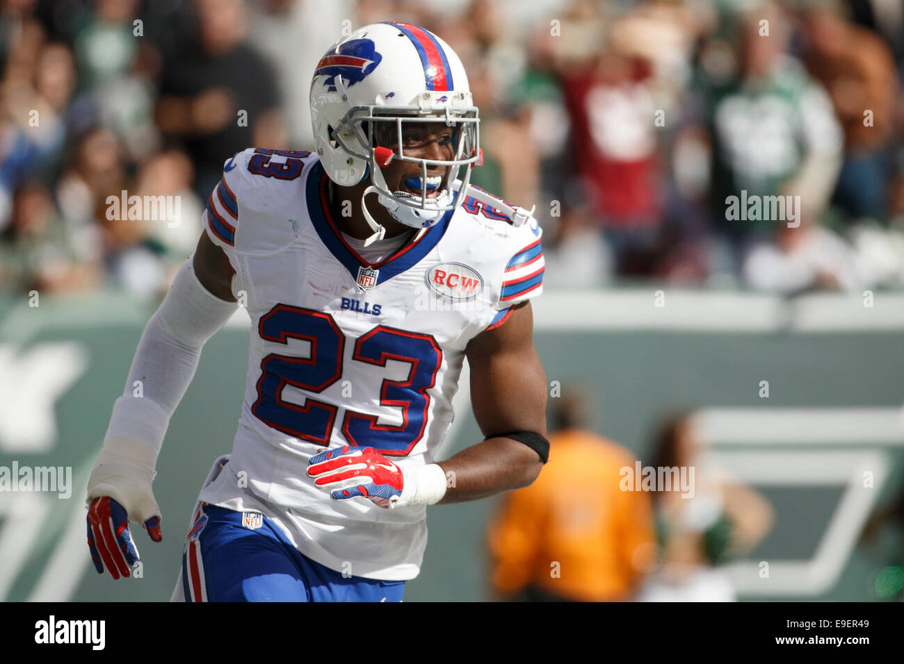 East Rutherford, NJ, USA. 26th October, 2014. Buffalo Bills free safety Aaron Williams (23) in acton during the NFL game between the Buffalo Bills and the New York Jets at MetLife Stadium in East Rutherford, New Jersey. The Bills won 43-23. Credit:  Cal Sport Media/Alamy Live News Stock Photo