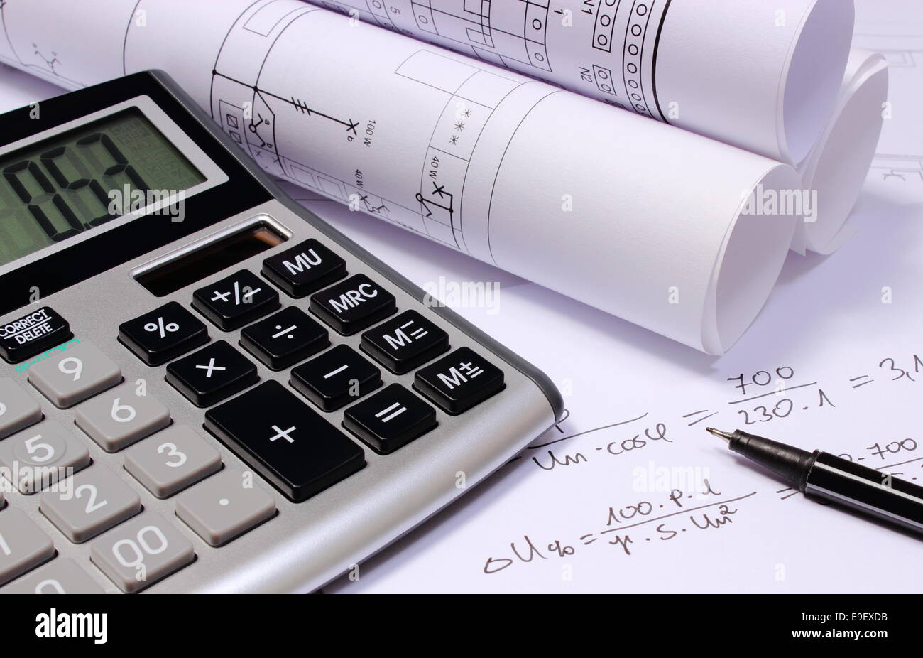 Rolled electrical diagrams, calculator and mathematical calculations