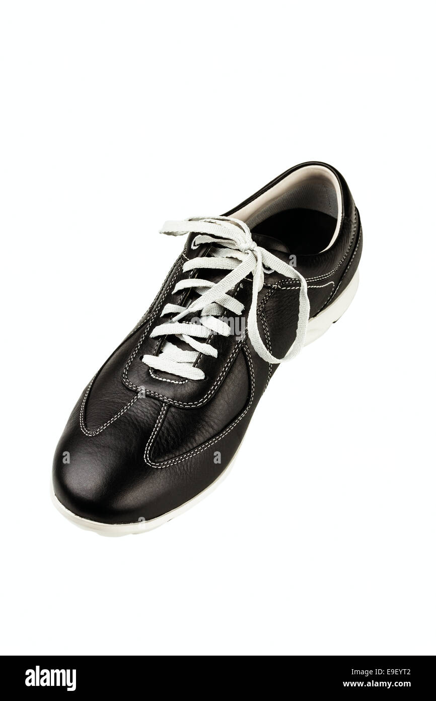 black leather man's shoe on white background Stock Photo - Alamy