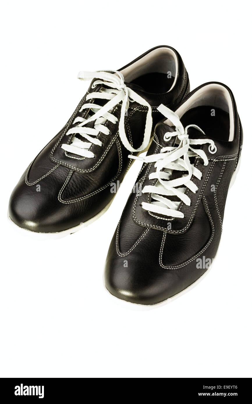 black leather man's shoe on white background Stock Photo - Alamy