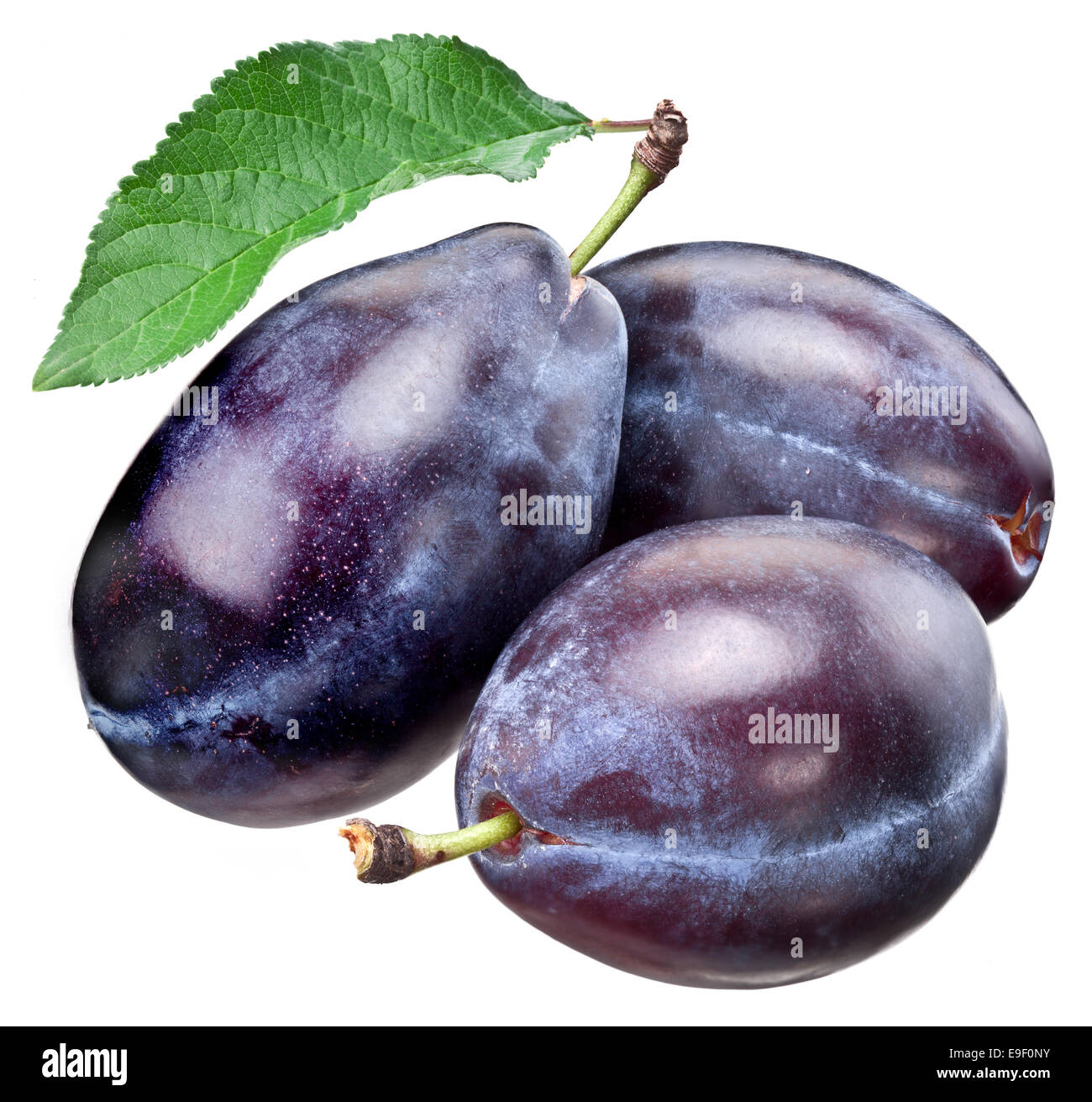 Three plums with leaf isolated on a white background. Clipping path. Stock Photo