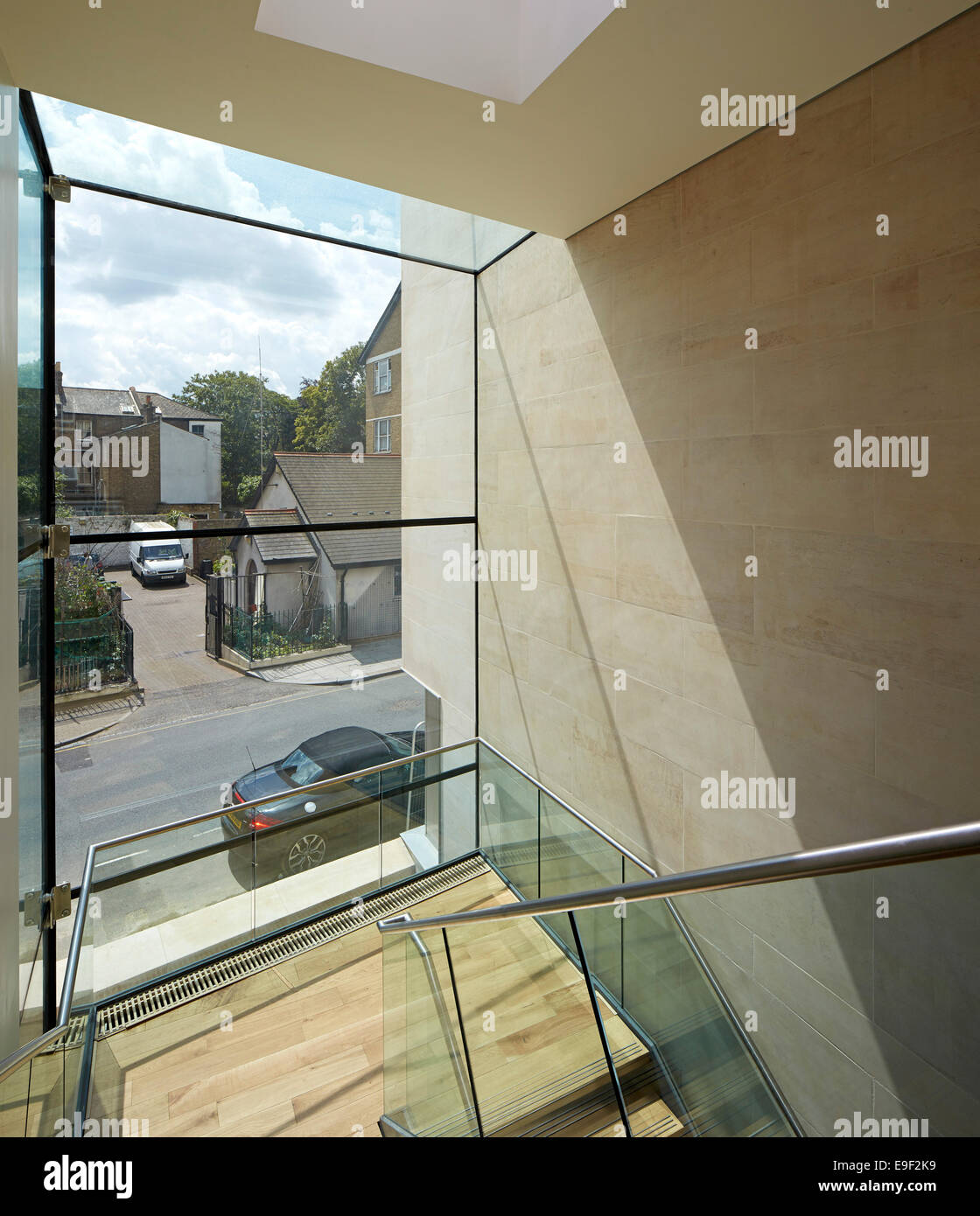 Black Cultural Archives (BCA), London, United Kingdom. Architect: Pringle Richards Sharratt Ltd, 2014. Staircase with view towar Stock Photo
