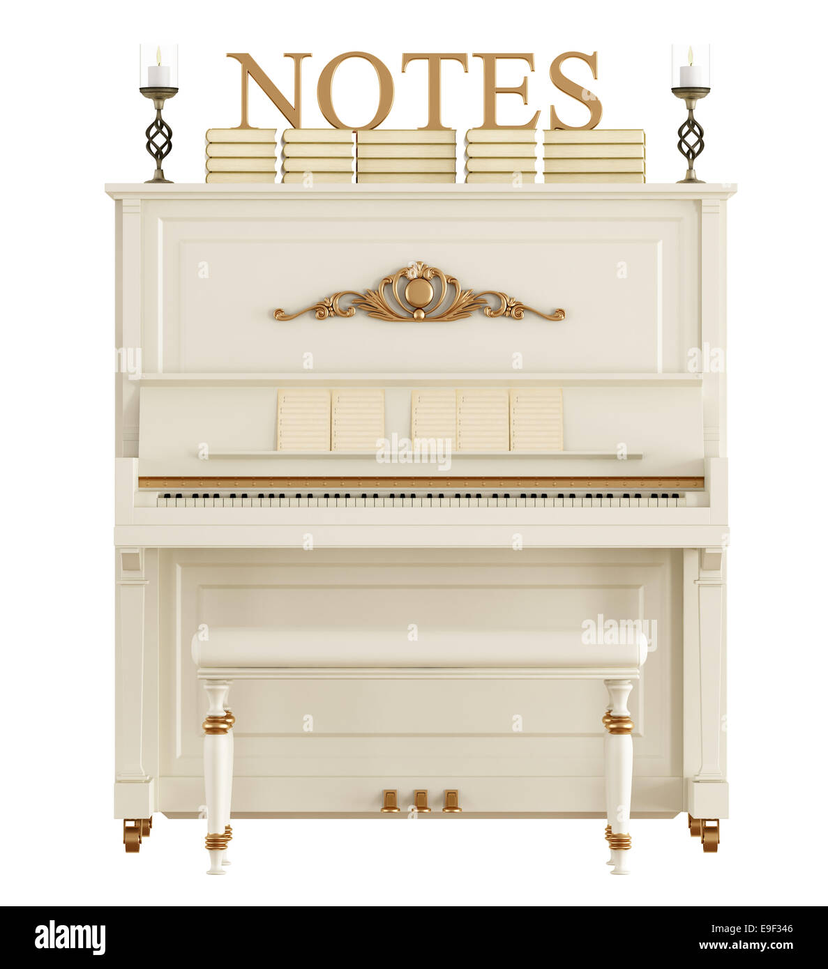 White classic upright piano with books,candles and sheet music isolated on white - 3D rendering Stock Photo