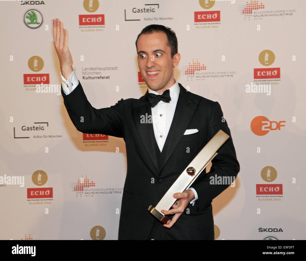 Munich, Germany. 26th Oct, 2014. Pianist Igor Levit poses with his 'Solo Recordning of the Year' award for 'The Late Beethoven Sonatas' at the 'Echo Klassik' music award ceremony at the Philharmonic Hall in Munich, Germany, 26 October 2014. Credit:  dpa picture alliance/Alamy Live News Stock Photo