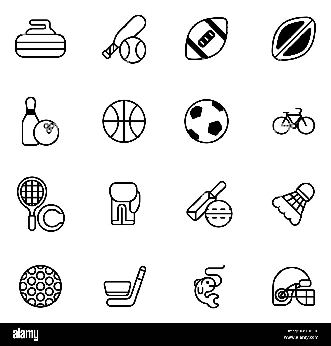 Sports icons set with icons for many sports including football, cricket, curling and many more Stock Photo