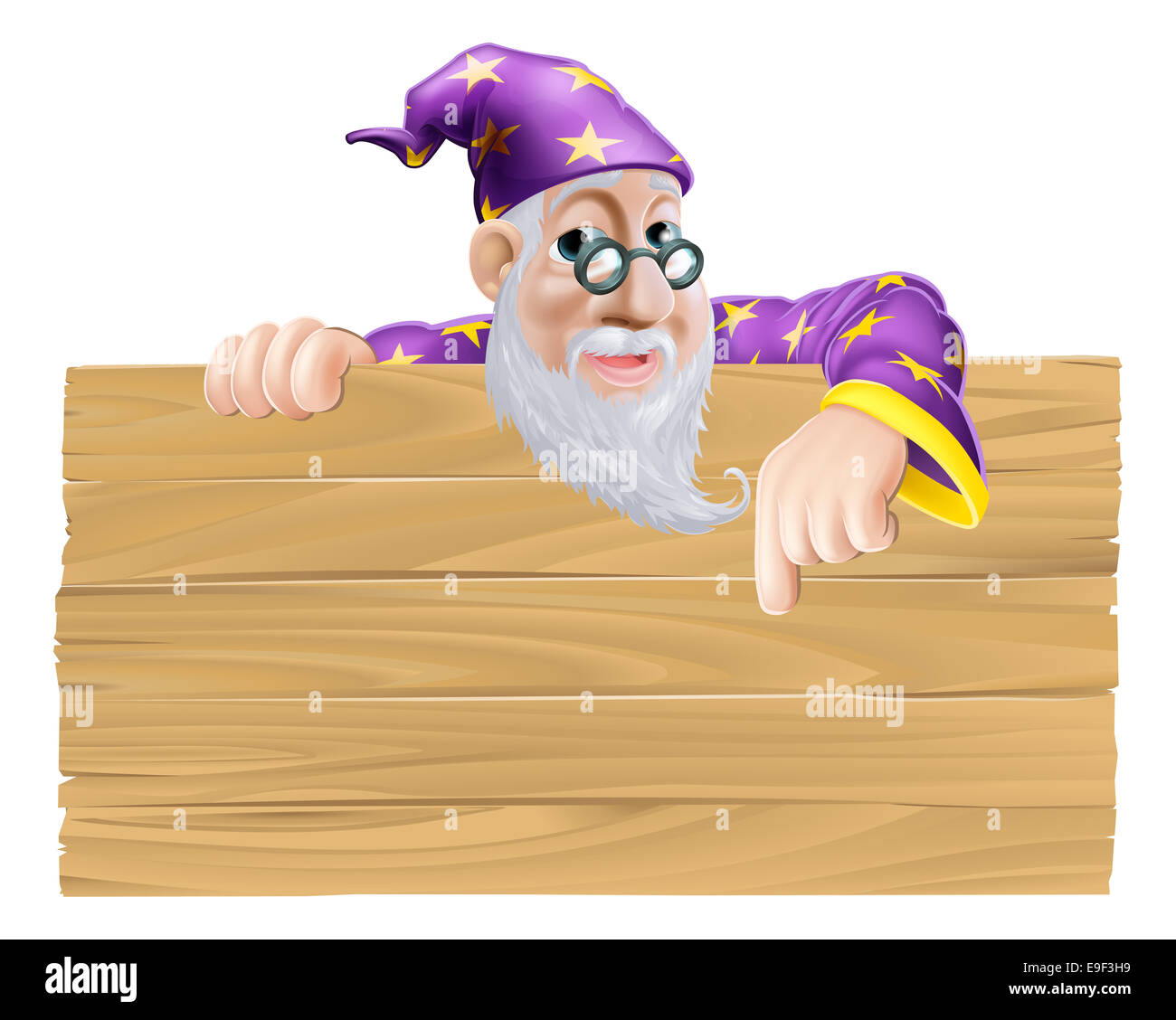 Wizard signboard cartoon illustration of a wizard pointing down at a wooden sign Stock Photo
