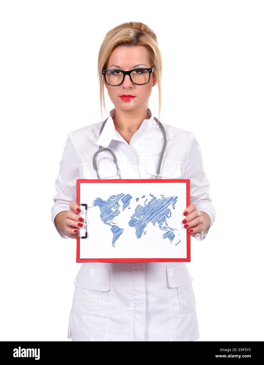 female doctor holding cloipboard with drawing world map Stock Photo
