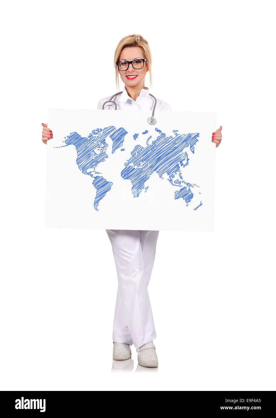 doctor with poster with drawing world map Stock Photo