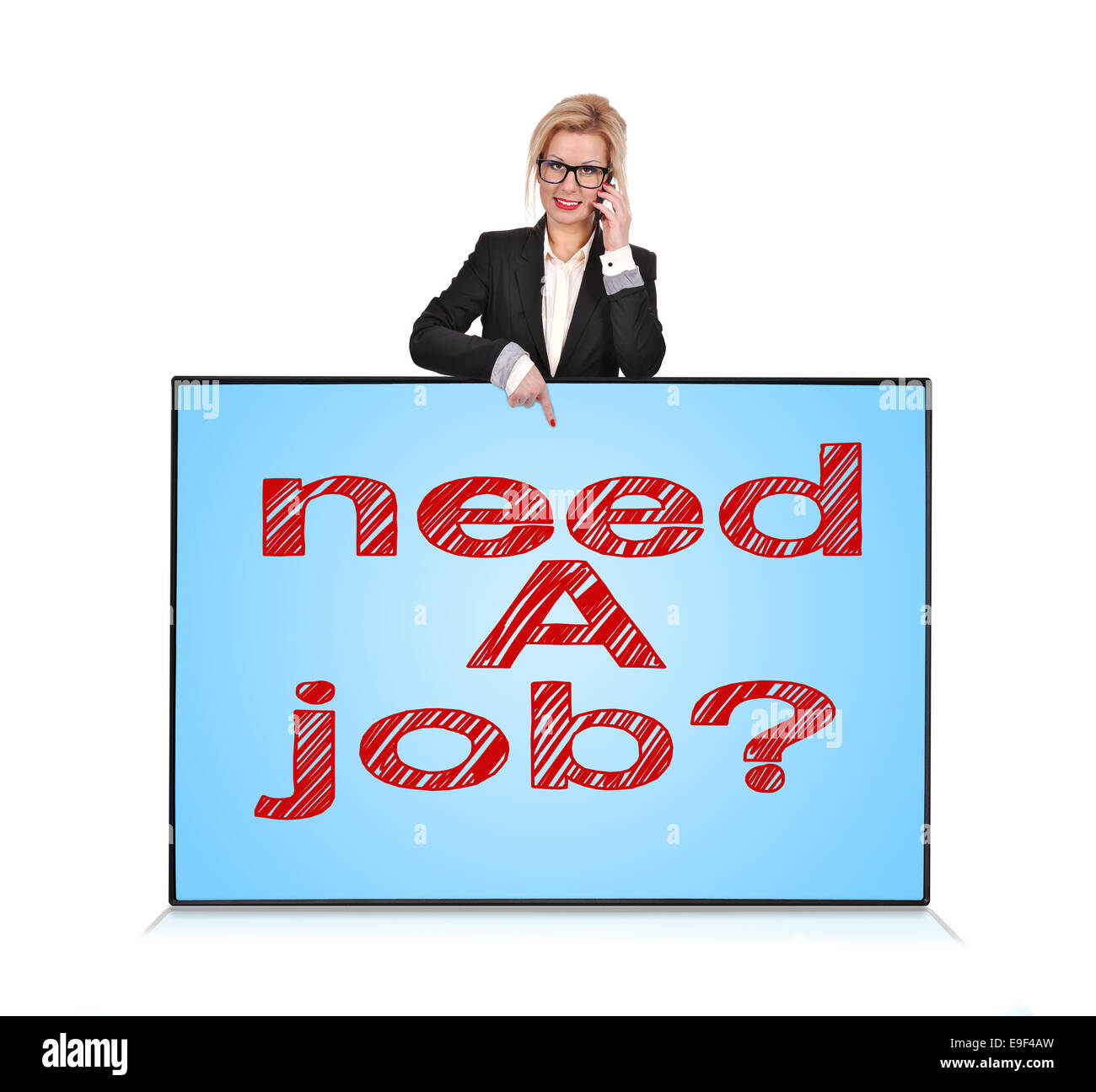 businesswoman with cellphone pointing to big plasma panel with need a job Stock Photo