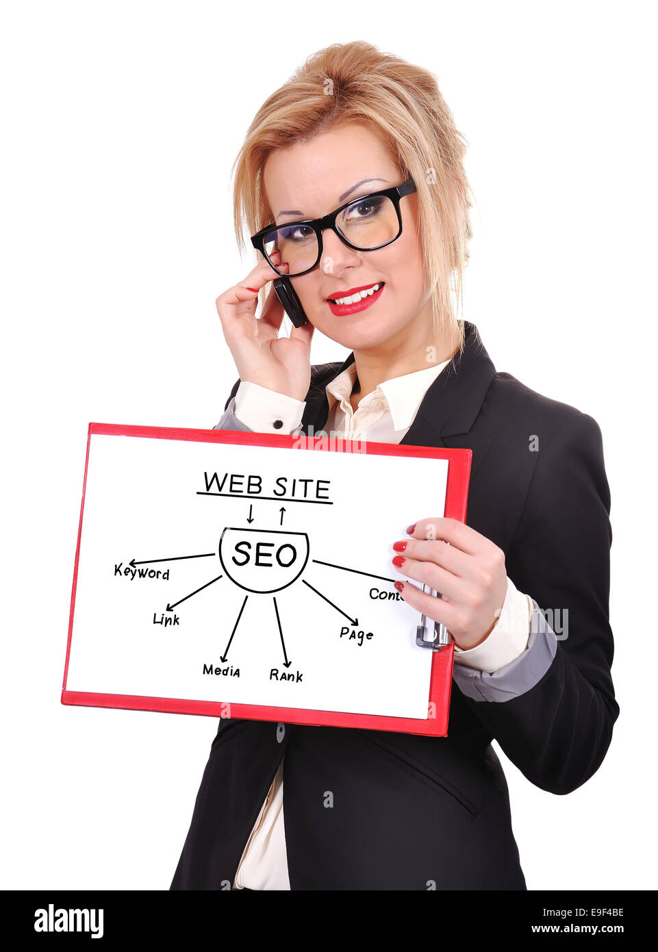 businesswoman holding clipboard with seo scheme Stock Photo