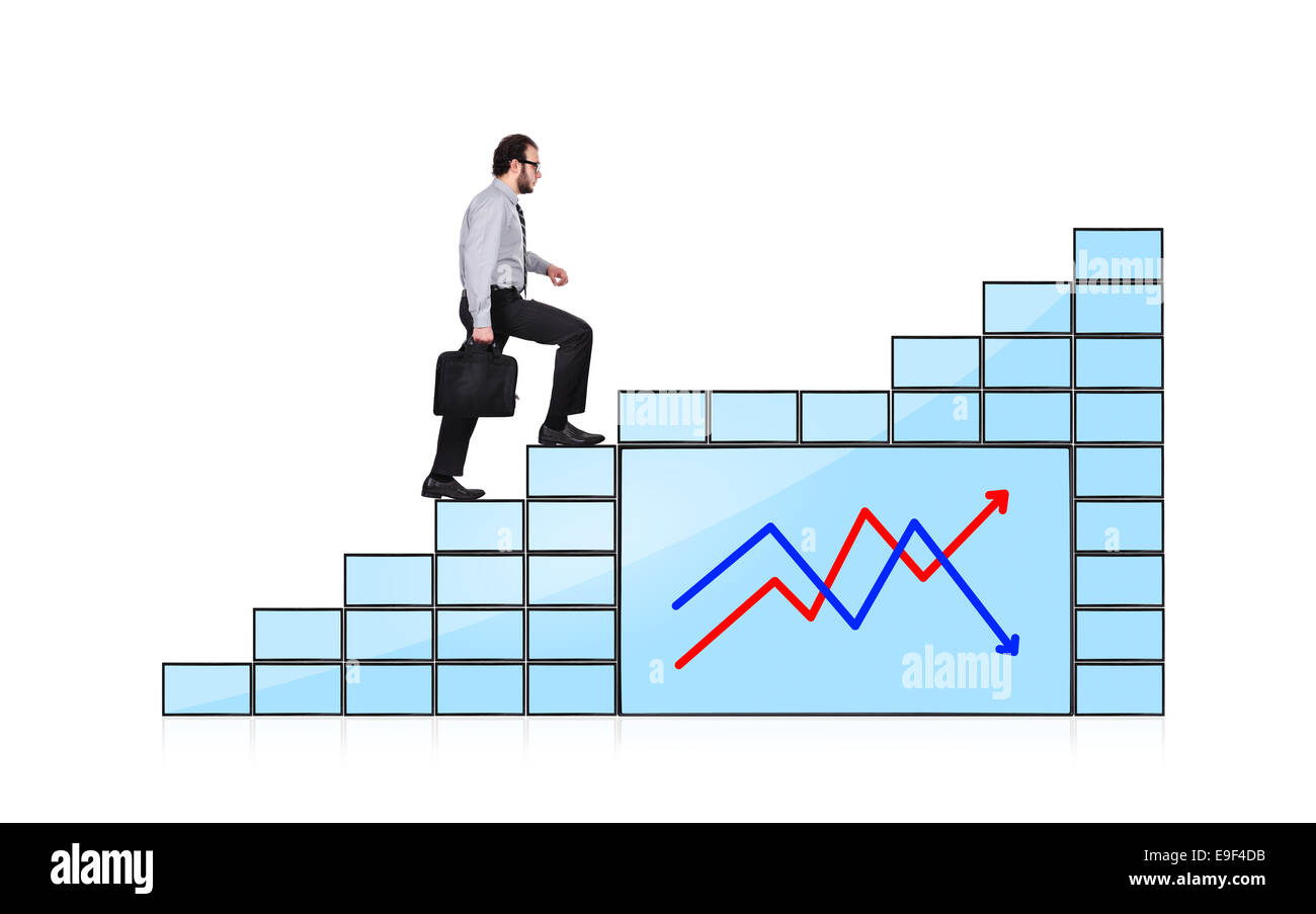businessman walking up stairs of monitors with chart Stock Photo