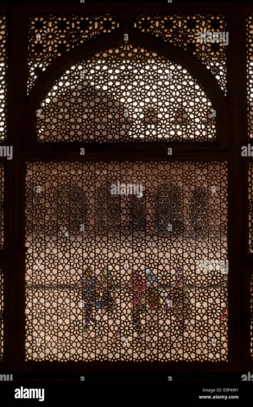 Decoration of window inside the Tomb of Shaikh Salim Chrishti, Jama Masjid, Fatehpur Sikri, Uttar Pradesh, India Stock Photo