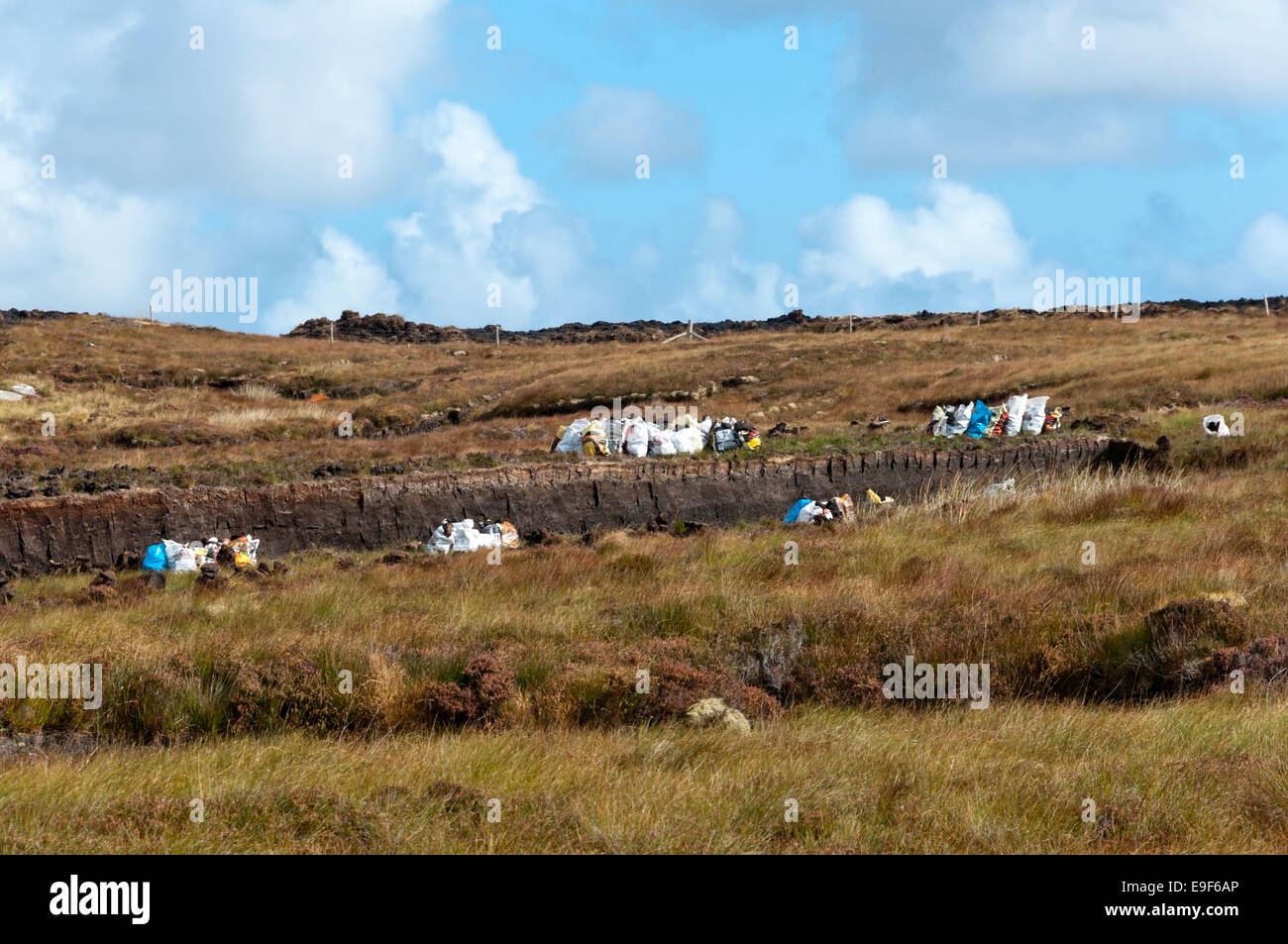 Peat cutting on central peat beds on Isle of Lewis, Outer Hebrides. Stock Photo