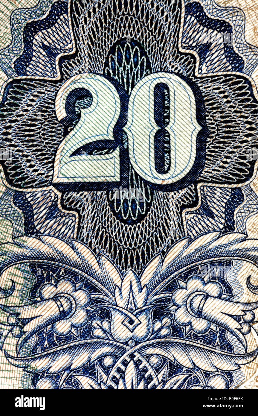Detail from a 1941 Hungarian 20 Pengo banknote showing number 20 and anti-forgery printed details Stock Photo