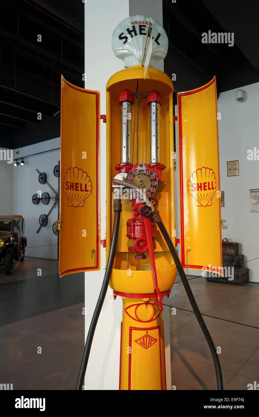 Detail of vintage Royal Dutch Shell Company gas pump at Car, Automobile Museum of Málaga, Andalusia, Spain. Stock Photo