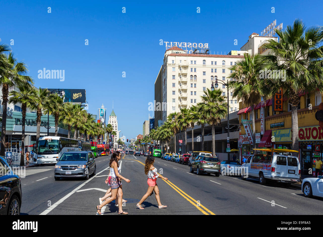 Hollywood Boulevard looking towards the Roosevelt Hotel, Hollywood, Los Angeles, California, USA Stock Photo
