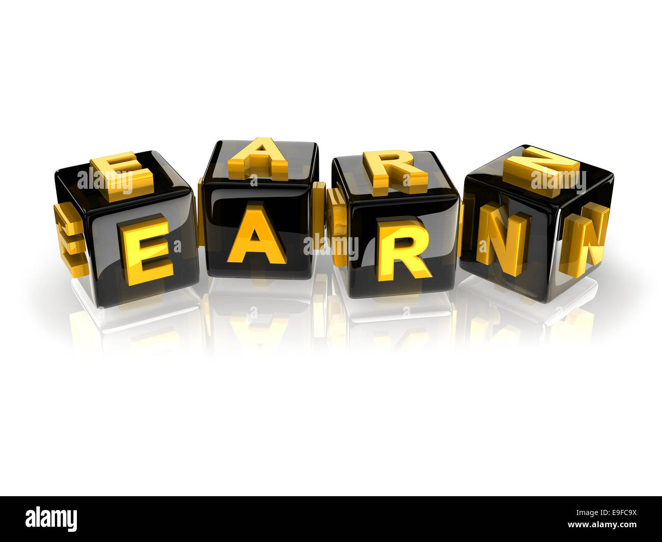 yellow 3d text EARN on reflective black cubes. Stock Photo