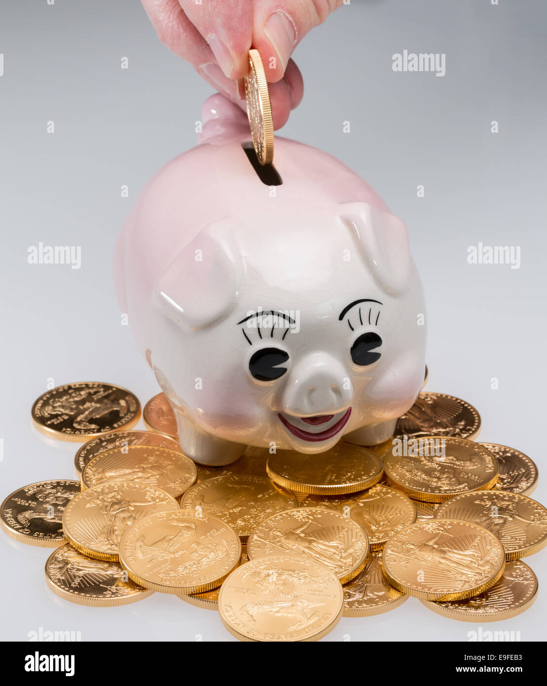 Hand placing gold coin into piggy bank Stock Photo - Alamy