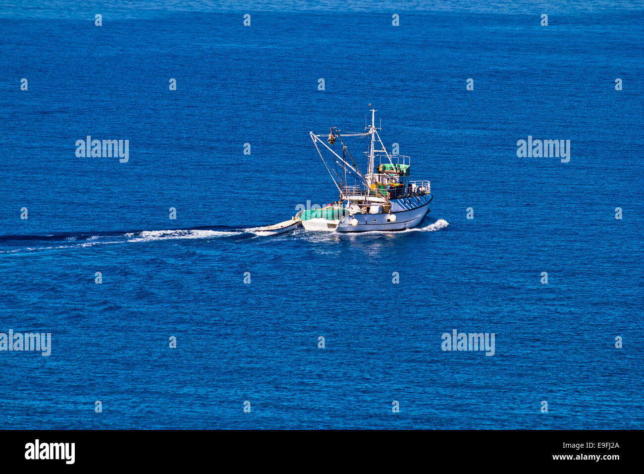 Fishing trawler open water aerial view Stock Photo