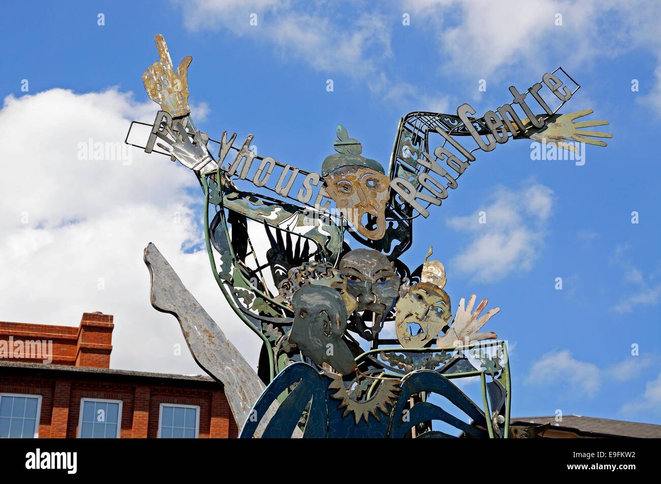 Metal sculpture advertising Playhouse Theatre, Nottingham, Nottinghamshire, England, UK, Western Europe. Stock Photo