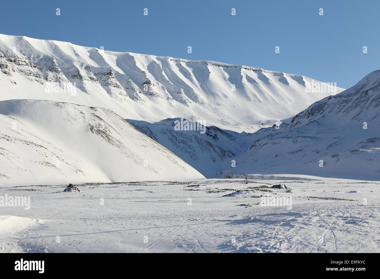 Snow-covered mountains near Longyearbyen Stock Photo