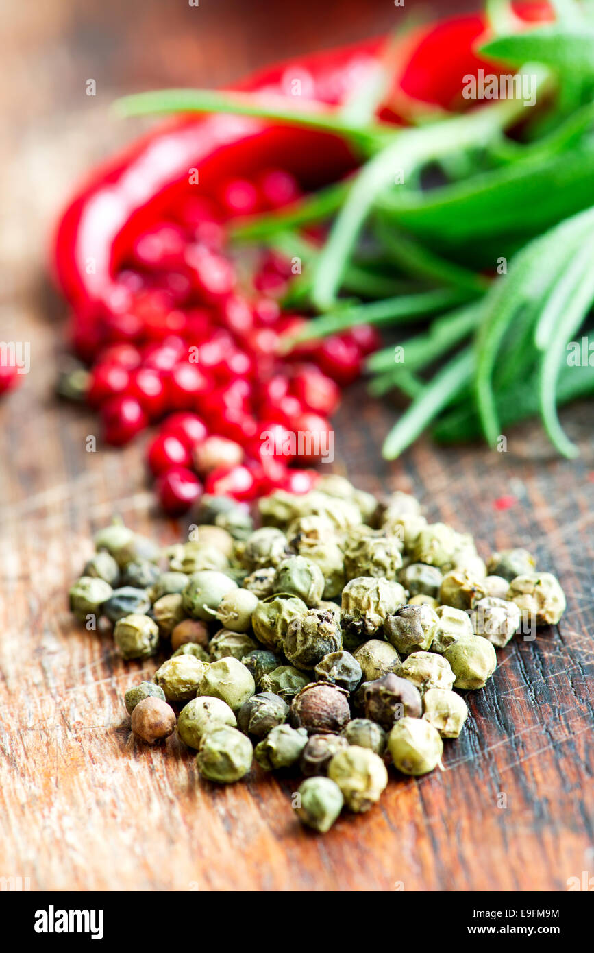 Mix of spices and herbs on table macro Stock Photo