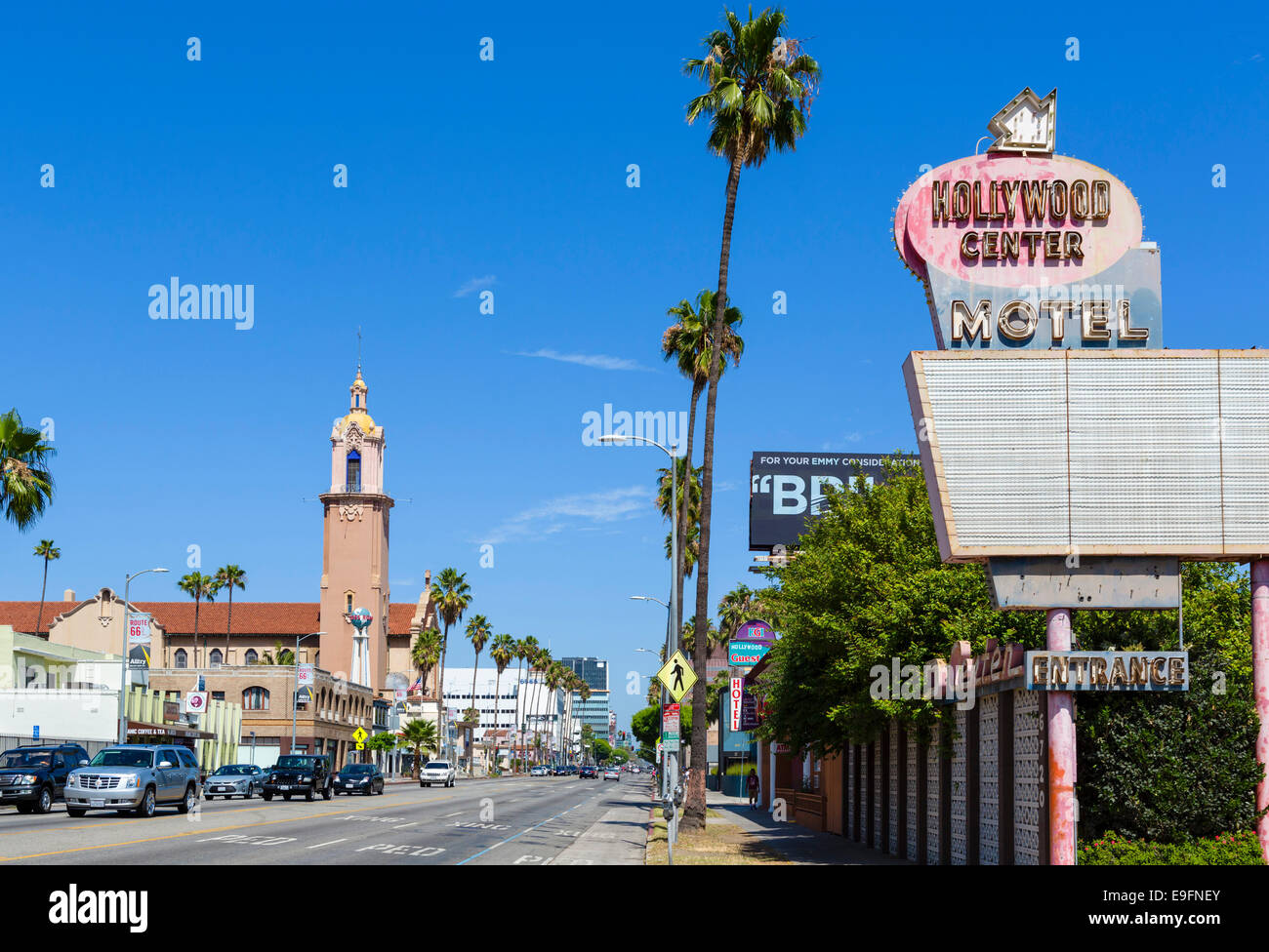 Sunset Boulevard looking towards Crossroads of the World, Sunset Strip, West Hollywood, Los Angeles, California, USA Stock Photo