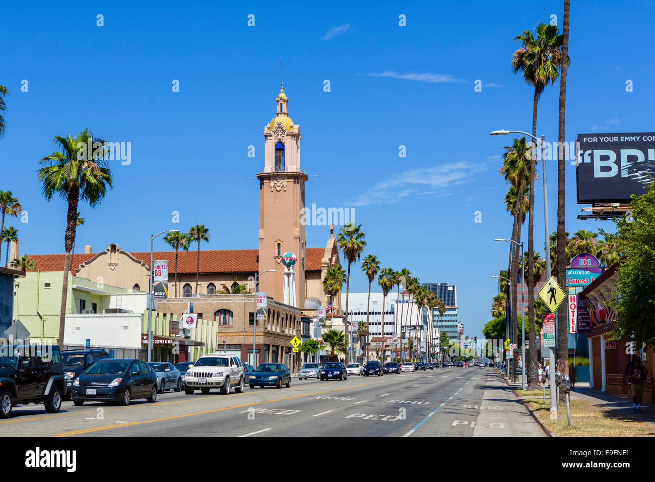 Sunset Boulevard looking towards Crossroads of the World, Sunset Strip, West Hollywood, Los Angeles, California, USA Stock Photo