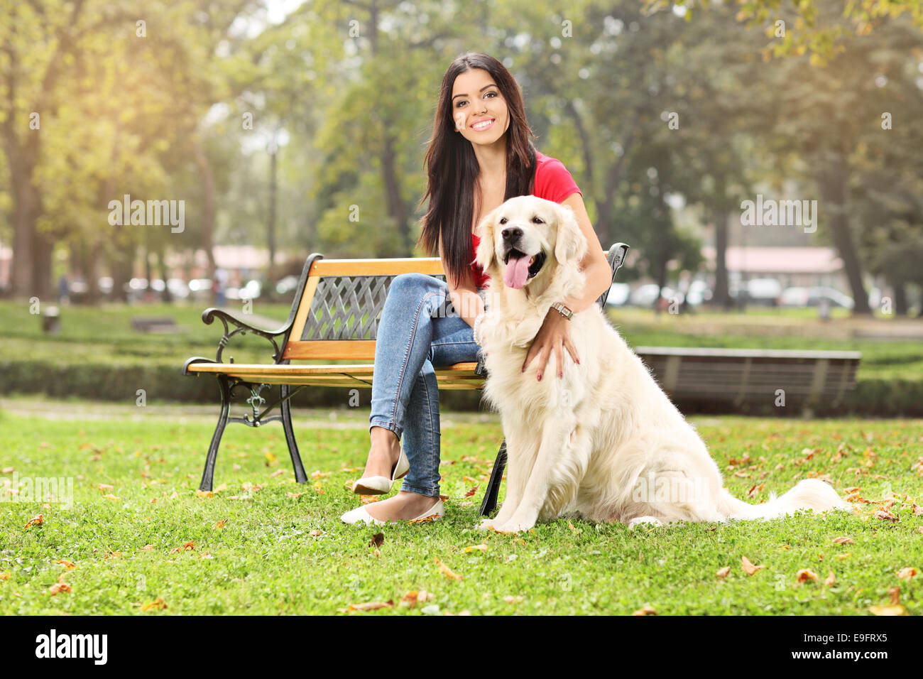 Young girl sitting on a bench in a park with her dog Stock Photo - Alamy