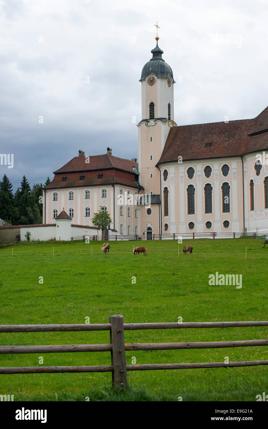 Vertical view of The Pilgrimage Church of Wies, ( Wieskirche) , foothills of the Alps,  Bavaria, Germany Stock Photo