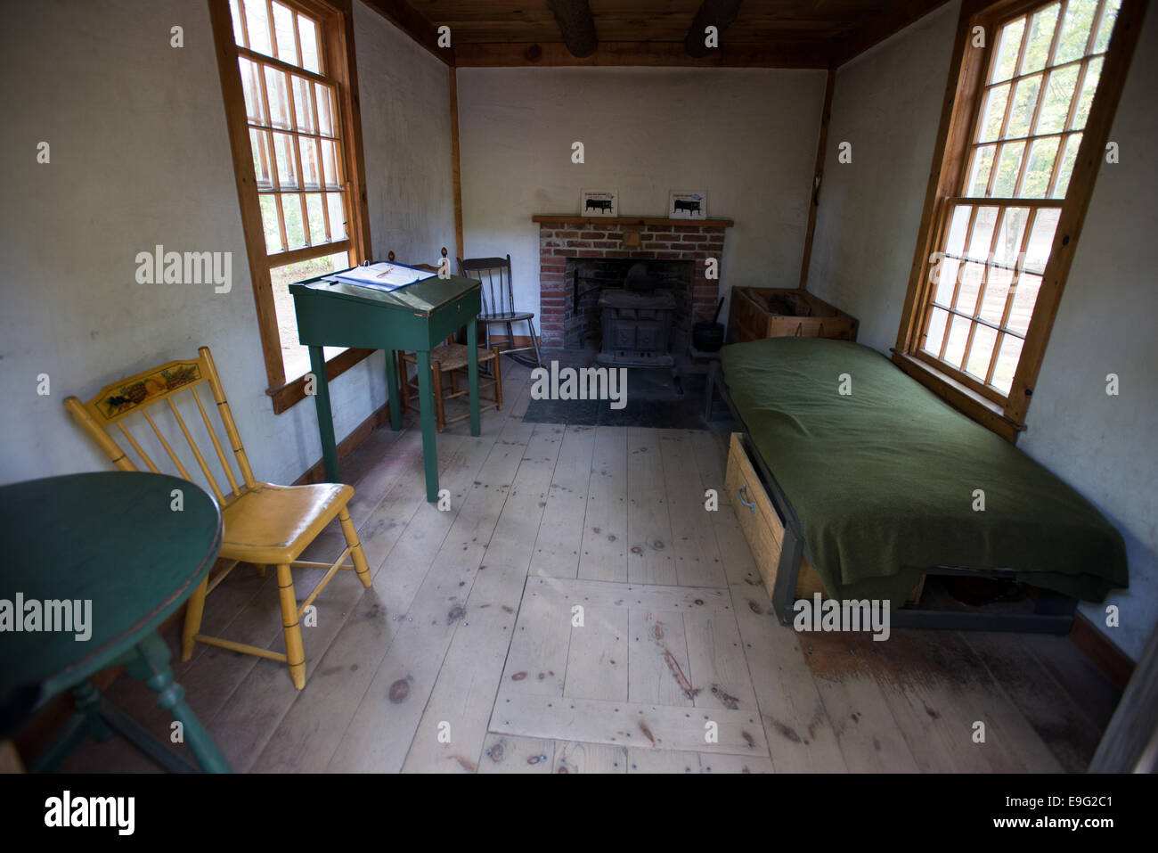 Interior view of replica of Henry David Thoreau s house Walden Pond State Reservation Concord MA Massachusetts Stock Photo