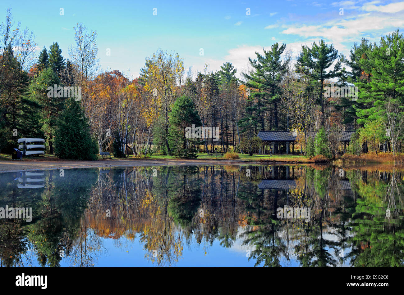 Ostler Lake Provincial Park of Ontario. Canoes for rental is on the left side. Stock Photo