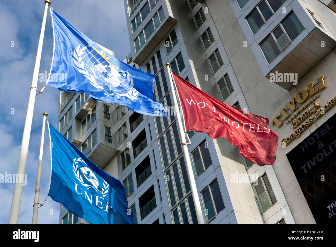 Copenhagen, Denmark. 27th October, 2014.  The UNited Nation (UN) and the  UNited Nations Environment Programme (UNEP) flags (photo, left) at the UN Climate panel meeting venue – the Tivoli Congress Hotel – in Copenhagen. The meeting begins this Monday and ends SUNday, November 2nd, with a press conference. Credit:  OJPHOTOS/Alamy Live News Stock Photo