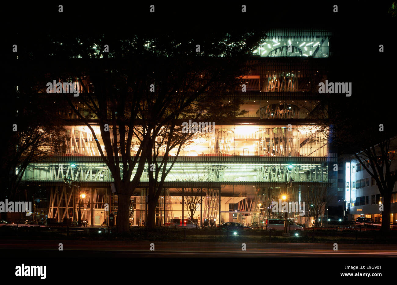 Lit exterior of Sendai Mediatheque, Miyagi Prefecture, Japan. Stock Photo