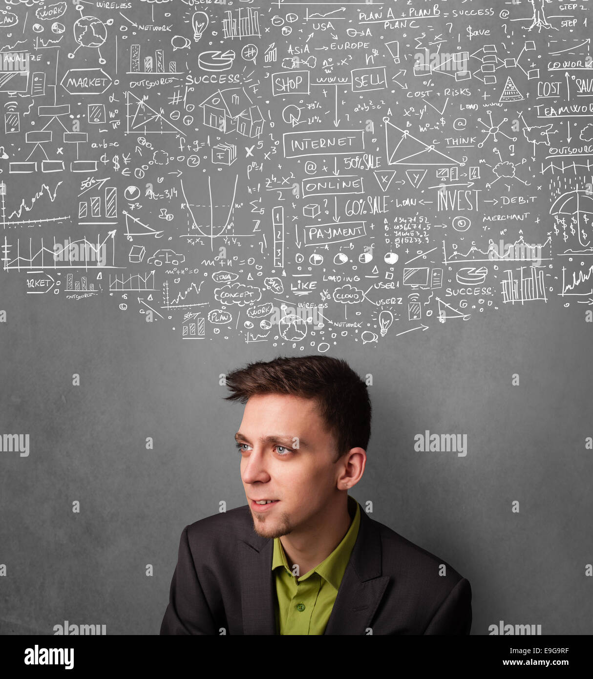 Thoughtful businessman with charts above his head Stock Photo - Alamy