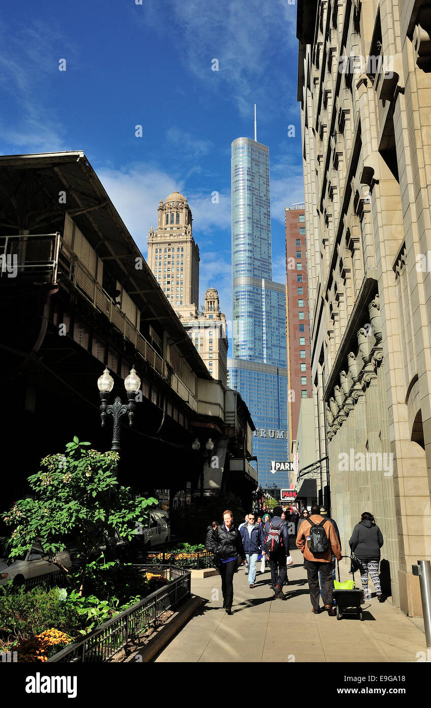 Chicago's Wabash Avenue looking north towards Trump Tower. Stock Photo