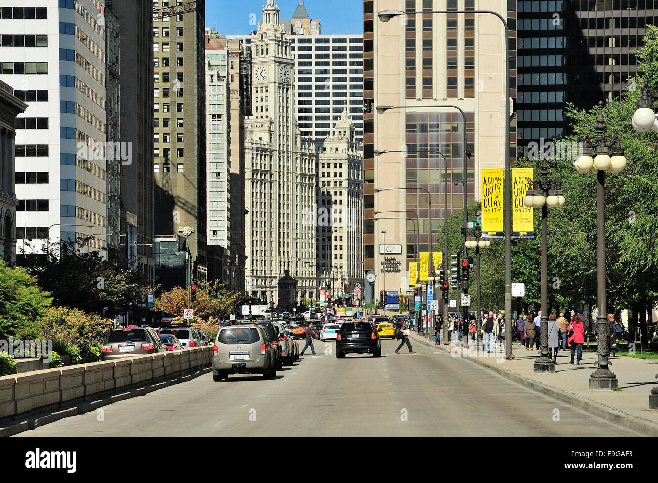 Chicago's Michigan Avenue with pedestrians and shoppers. Stock Photo