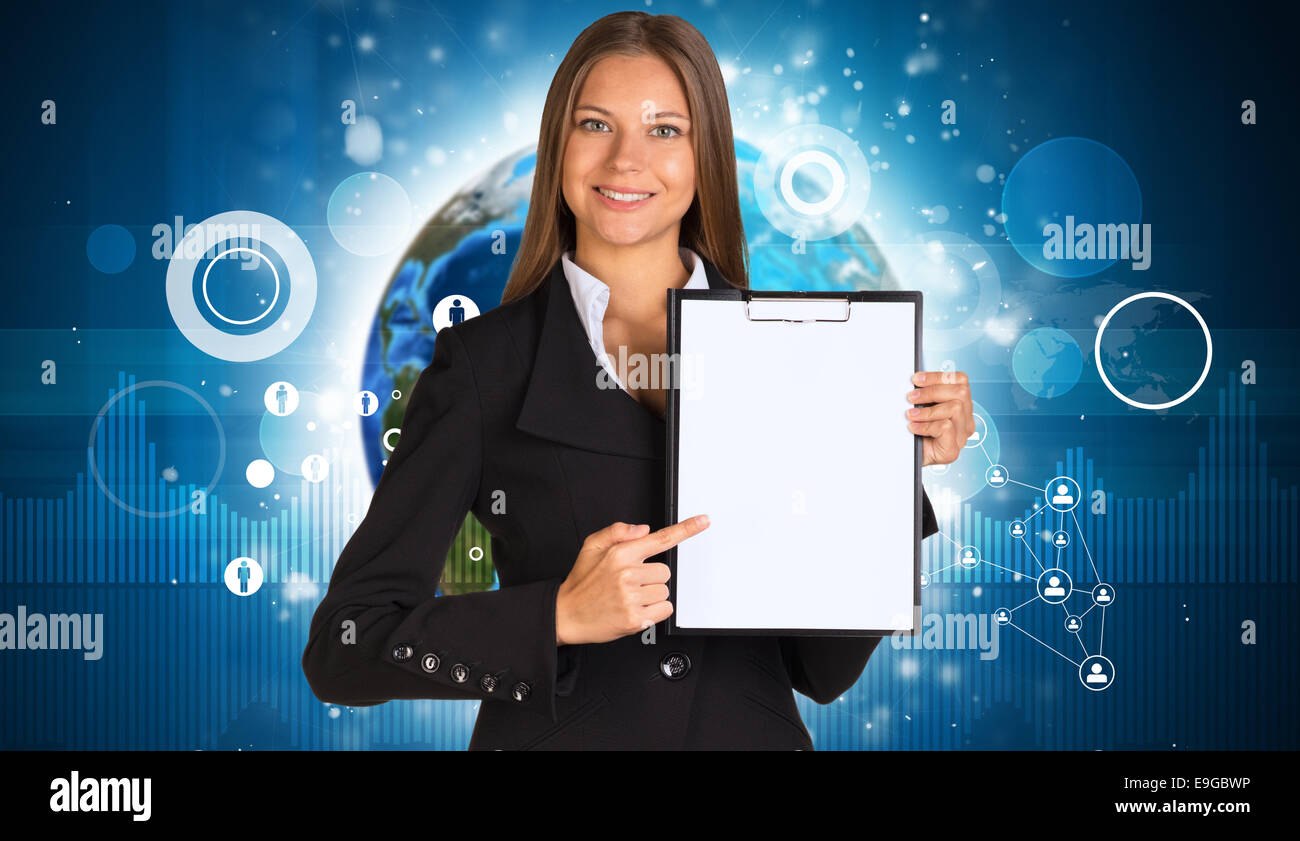 Beautiful businesswoman in suit holding paper holder Stock Photo - Alamy