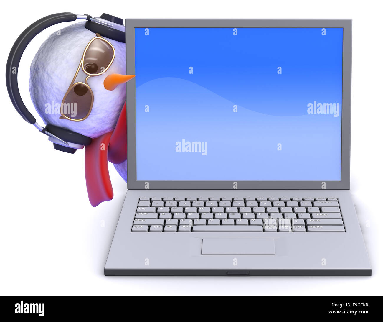 3d render of a snowman wearing headphones behind a laptop computer Stock Photo