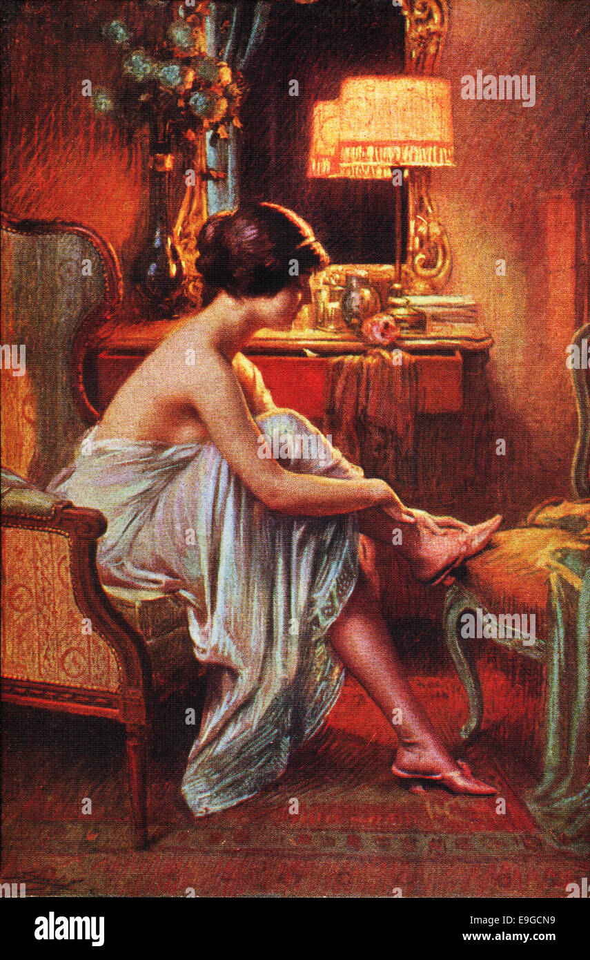 Old postcard. Delphin Enjolras - The red slippers Stock Photo