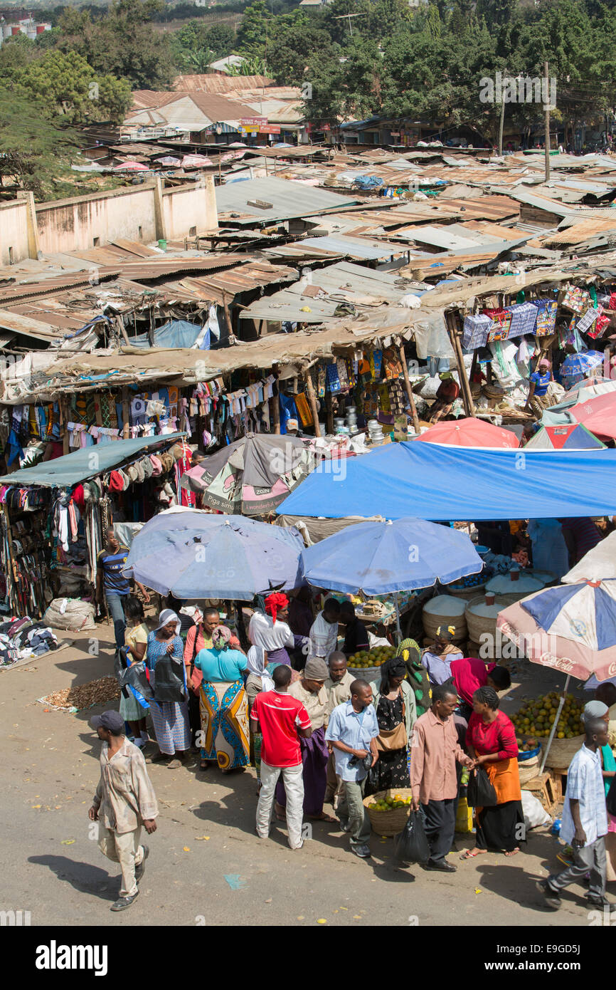 Crowded market and slum in Moshi, Tanzania, East Africa. Stock Photo