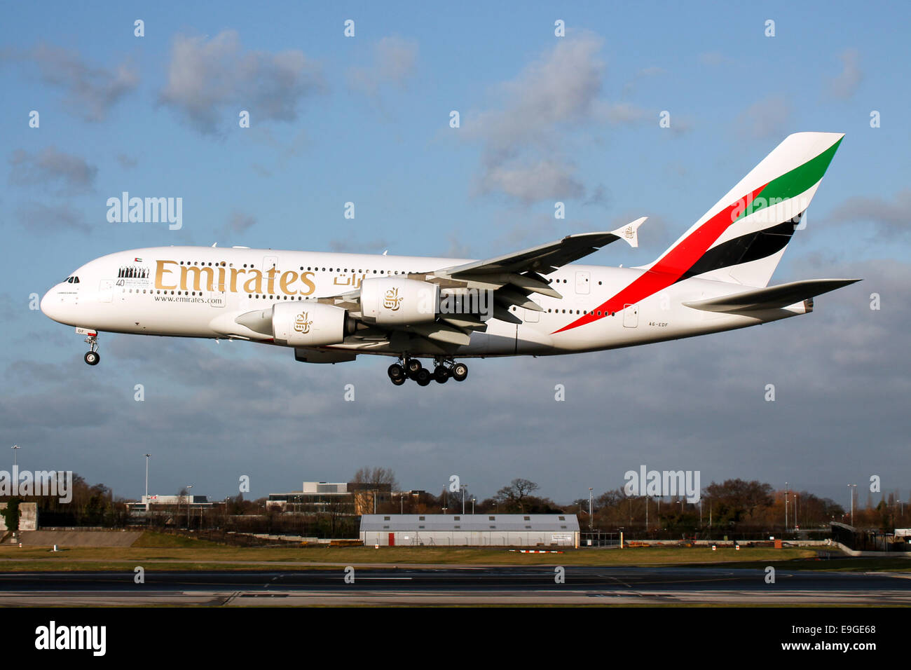 Emirates Airbus A380-800 approaches runway 23R at Manchester airport. Stock Photo