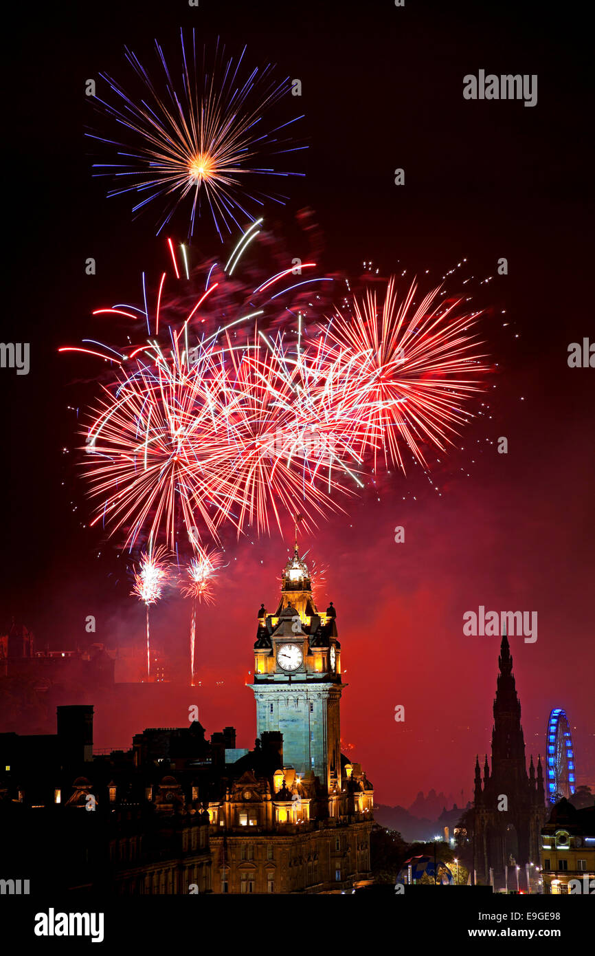 Edinburgh Festival Fireworks 2014 from the castle, viewed from Calton Hill, Scotland, UK Stock Photo