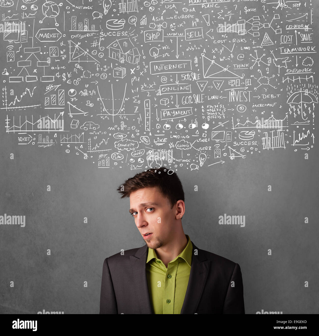 Thoughtful businessman with charts above his head Stock Photo - Alamy