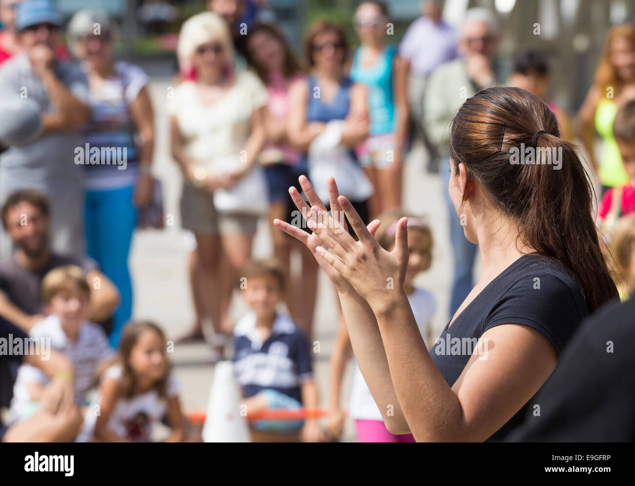 Spanish sign language interpreter at intercultural meeting in Spain Stock Photo